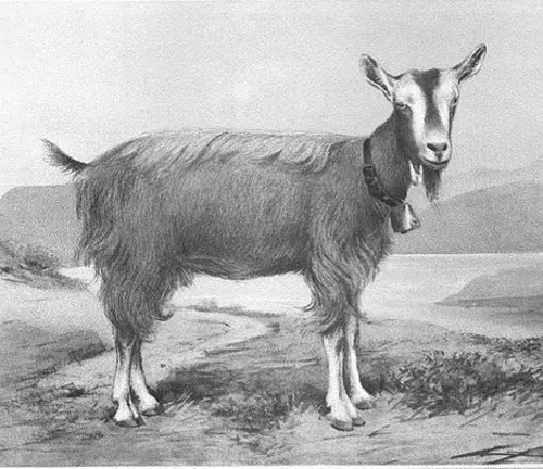 A black and white drawing of a Toggenburg Goat standing on the ground.