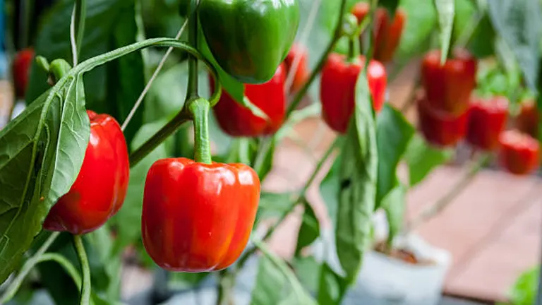 Red and green bell peppers growing in a row on plants with a blurred background of a gardening setup.