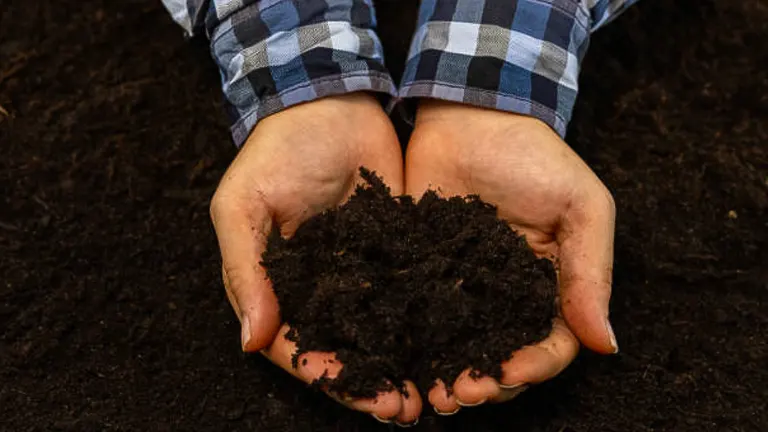 A pair of hands in a plaid shirt holding rich, dark soil, indicative of healthy, fertile ground for planting.