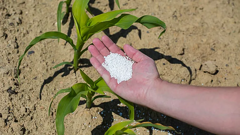 A hand holding a small amount of white granular fertilizer beside a young corn plant with sandy soil in the background.