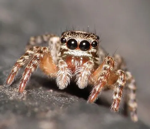 A close-up photo of a small, colorful jumping spider with multiple eyes and hairy legs.