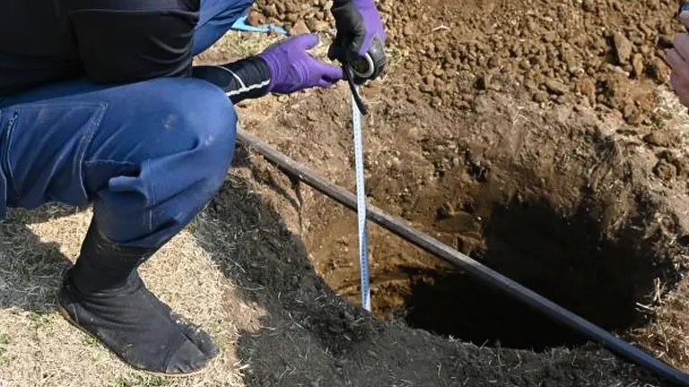 person in gloves measuring the depth of a freshly dug hole