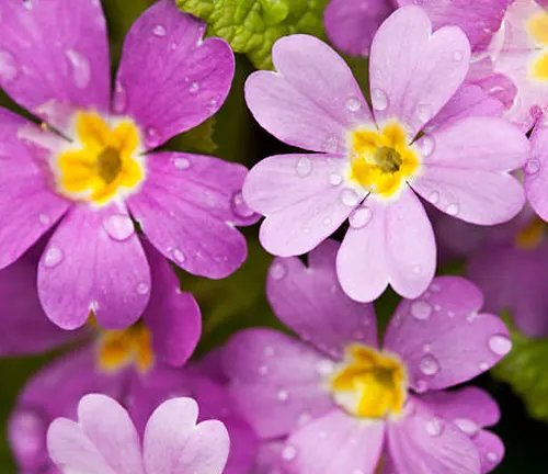 Close-up of vibrant purple Primrose flowers with yellow centers, adorned with water droplets on their delicate petals.