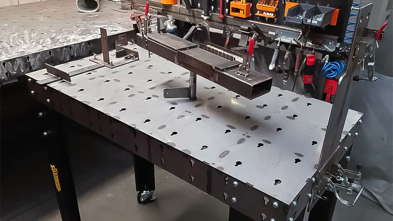 A welding workstation with clamps and tools on a metal table
