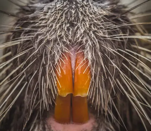 Furry animal's mouth up close, showcasing the teeth of a Eurasian Beaver.