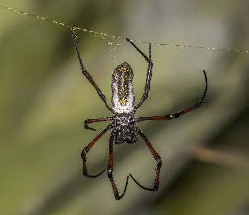 A black and white orb-weaver spider with a long tail, showcasing its distinctive physical characteristics.