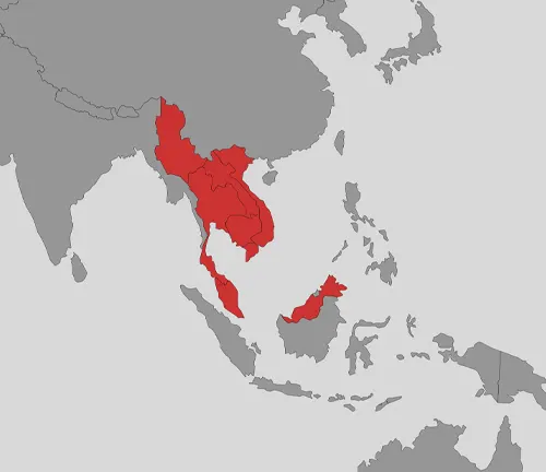 Red highlighted countries on an Asia map, representing the distribution of the Malayan Tiger.