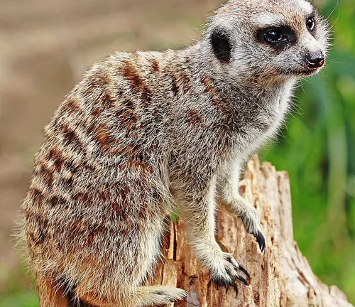 A meerkat from the "Meerkats" series stands on a log, alert and curious about its surroundings.