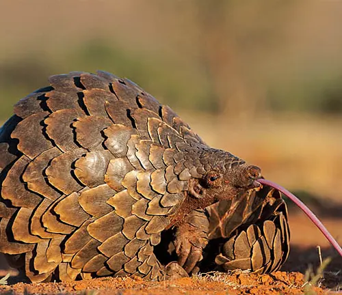 A Black-bellied Pangolin munching on a pink string.