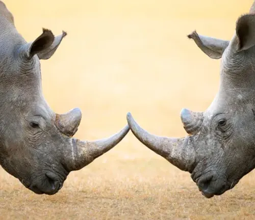 Two Black Rhinoceroses standing in the grass, facing each other.