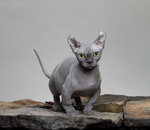 A hairless Sphynx Cat with wrinkled skin and large ears, sitting on a cushion.