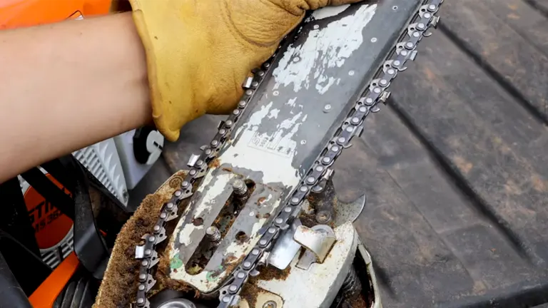 Person maintaining a chainsaw, cleaning the blade and parts