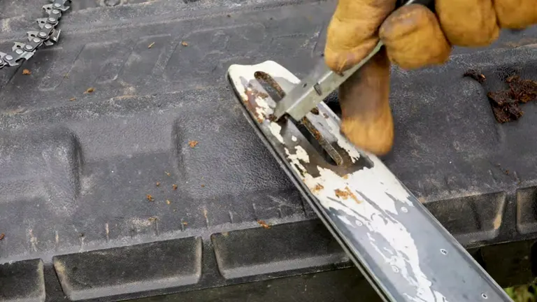 Person maintaining a chainsaw, cleaning the blade and parts.