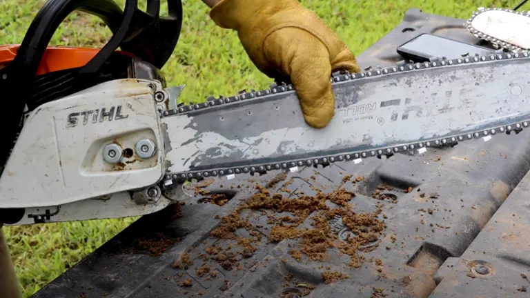 Close-up view of a used STIHL chainsaw being handled by a gloved hand for maintenance, placed on a dark surface with sawdust, outdoors.