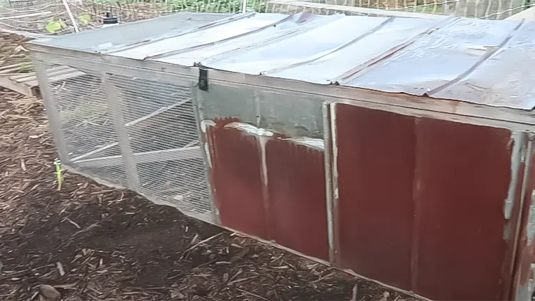 A low-profile mobile chicken coop with a slanted roof and mesh wire sides