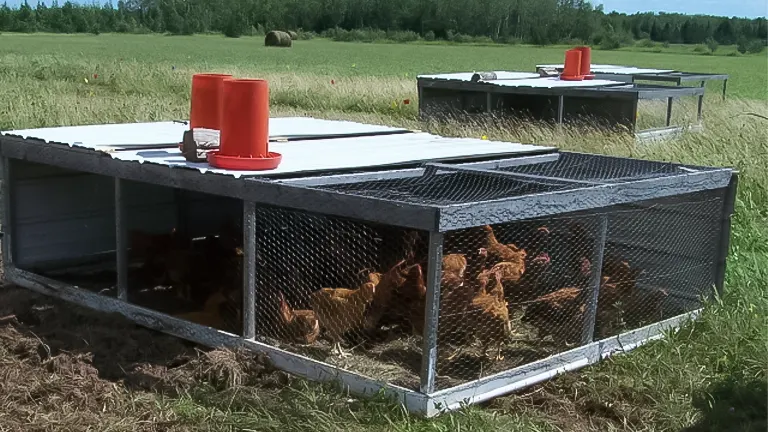 Portable chicken coop with chickens inside, mesh walls, and red feeders on the roof in a field