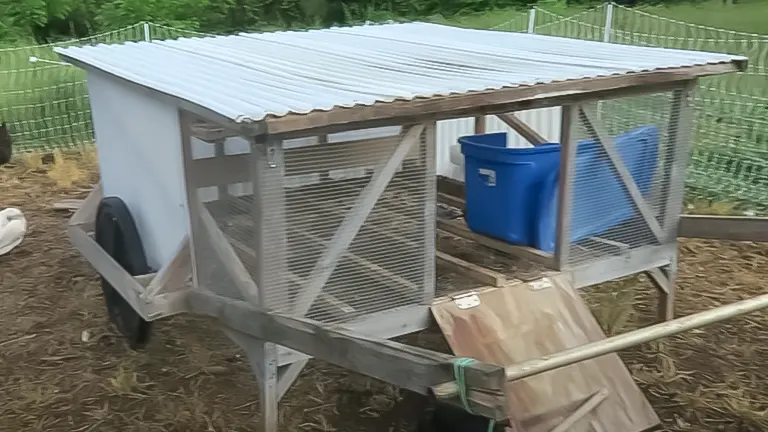 Mobile chicken coop with corrugated metal roof, mesh walls, and wheels