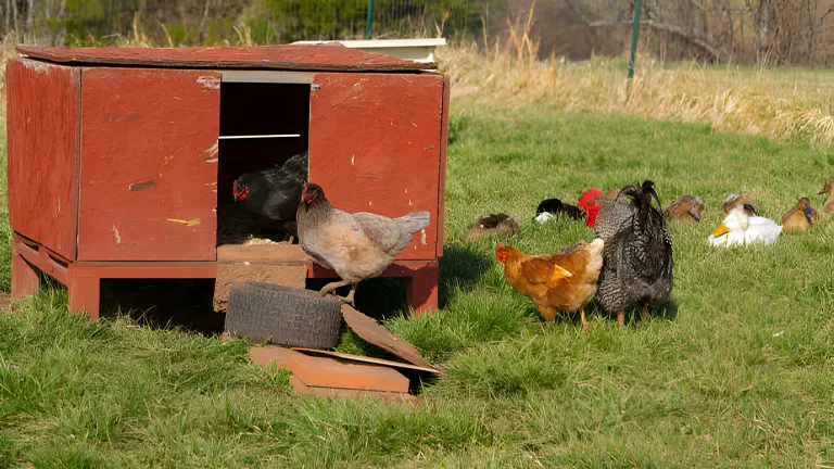 Red wooden chicken coop with open entry and free-range chickens around it in a grassy field