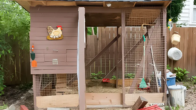 A backyard chicken coop with an elevated henhouse and wire mesh fencing