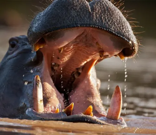 A Hippopotamus displaying its teeth and tusks with its mouth wide open.