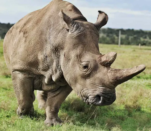 A close-up of a White Rhinoceros, a large herbivorous mammal with a thick gray skin and two prominent horns on its snout.
