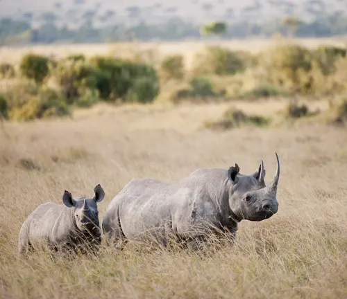 Two black rhinos strolling through their grassy habitat.