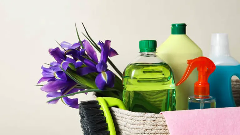 A collection of cleaning supplies including a green liquid soap bottle, a yellow container, a blue detergent with a red spray nozzle, alongside a brush and a bouquet of purple flowers in a woven basket, against a neutral background.