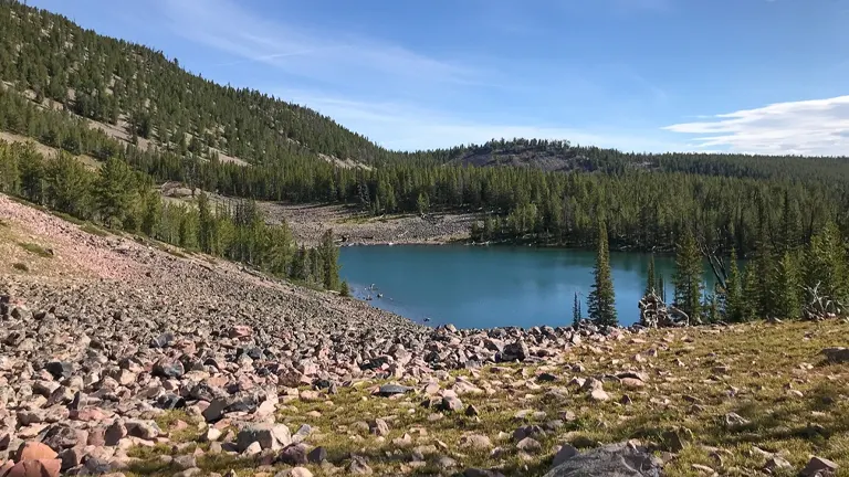 A tranquil alpine lake nestled in a forested area with a rocky shoreline in the foreground, under a clear blue sky.