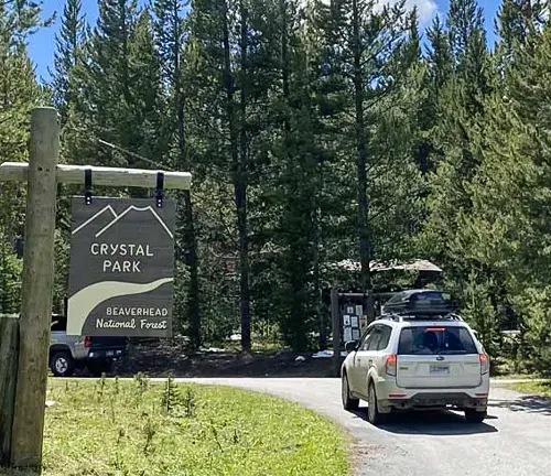 Entrance to Crystal Park in Beaverhead National Forest, with a signboard visible, surrounded by tall green pine trees and a car entering the park area under a clear blue sky.