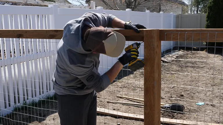 A person in a cap and gloves securing a horizontal wooden beam to a fence post with a drill, in a garden with a white vinyl fence in the background.
