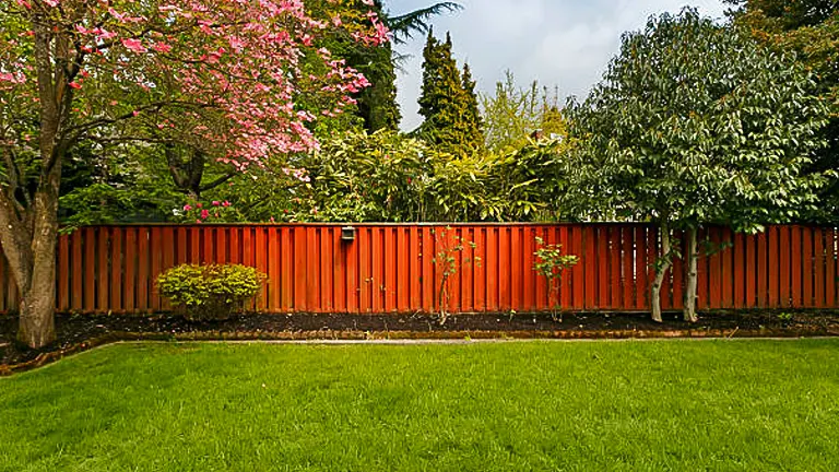 A red-stained wooden fence provides a colorful backdrop to a garden with a blooming pink tree and lush greenery on a well-maintained lawn.

