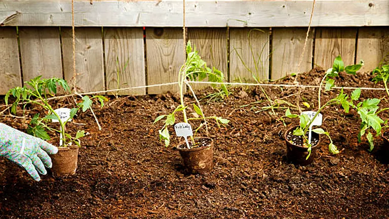 A gloved hand planting young tomato plants with biodegradable pots into a prepared soil bed against a wooden fence.
