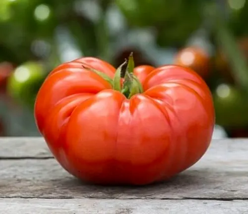 A single large, ribbed beefsteak tomato with a glossy red exterior, resting on a wooden surface against a blurred garden background.