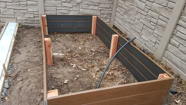 Composite wood raised garden bed with bare soil, ready for planting