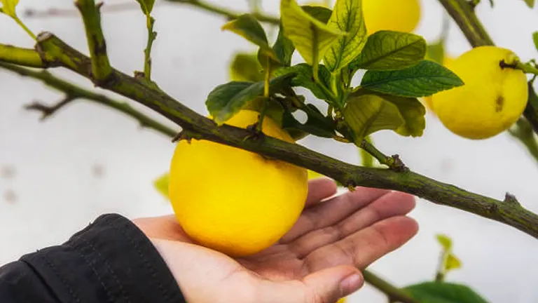 A hand gently supporting a bright yellow lemon hanging from a leafy branch, with more lemons visible in the background against a white backdrop.
