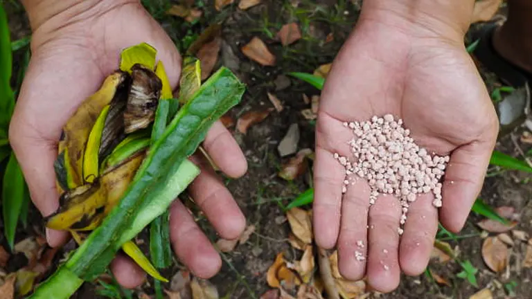 Two hands are shown: one holding decaying green plant matter and a banana peel, and the other displaying a handful of small, round fertilizer pellets, contrasting organic waste with agricultural supplements.