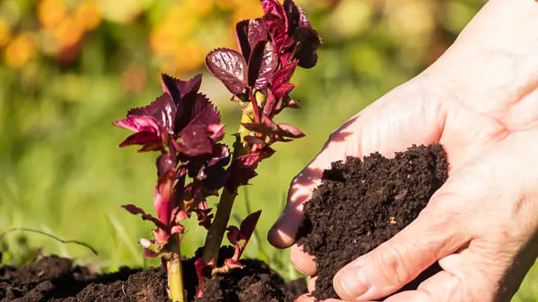 Hands nurturing a plant with deep burgundy leaves, gently placing soil around its base in a sunlit garden, emphasizing the care in planting or gardening.