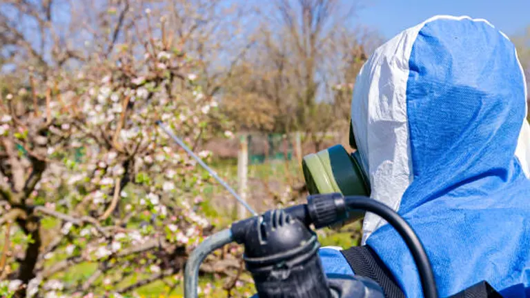 A person in protective clothing with a backpack sprayer tending to a garden with blooming trees.