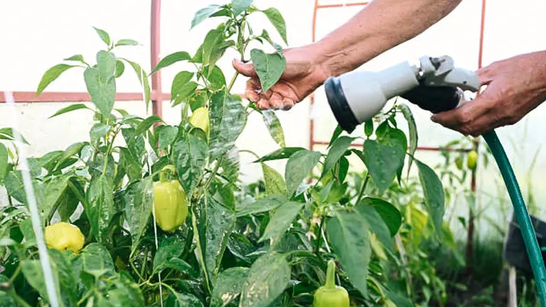A person's hands using a hose with a spray nozzle to water green bell pepper plants in a home garden.