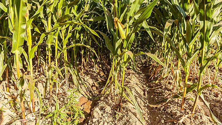 Close-up of rows of corn plants in a field with visible soil furrows and roots.