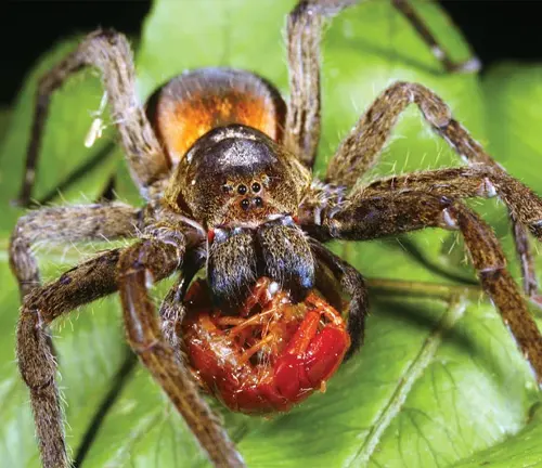 A close-up image of a Wolf Spider in its natural habitat, blending in with the ground and leaves.