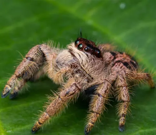 A black-eyed jumping spider perched on a leaf in its natural habitat.