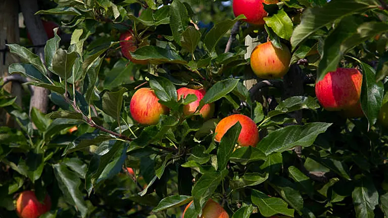 A healthy apple tree with vibrant red and yellow Gala apples hanging amidst lush green leaves