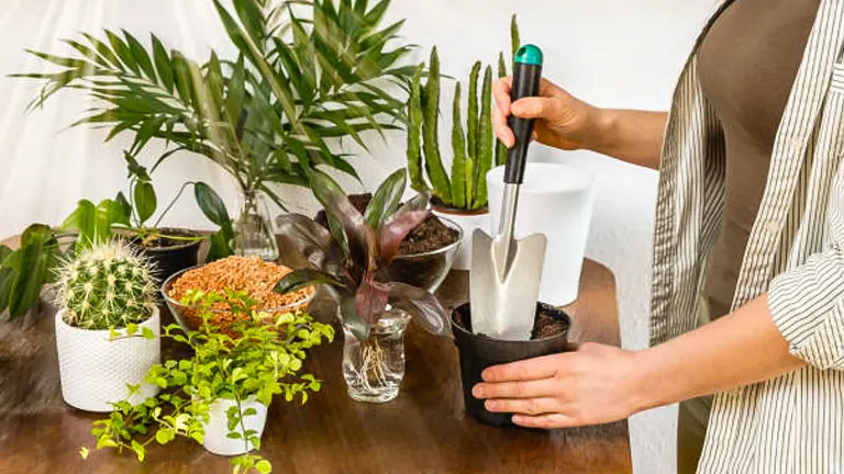 Person gardening, potting a plant with a trowel among an array of houseplants including a cactus, succulents, and leafy greens, on a wooden surface.