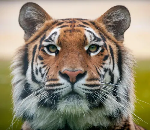 A close-up of a Sumatran tiger's face against a green background, highlighting its unique features.