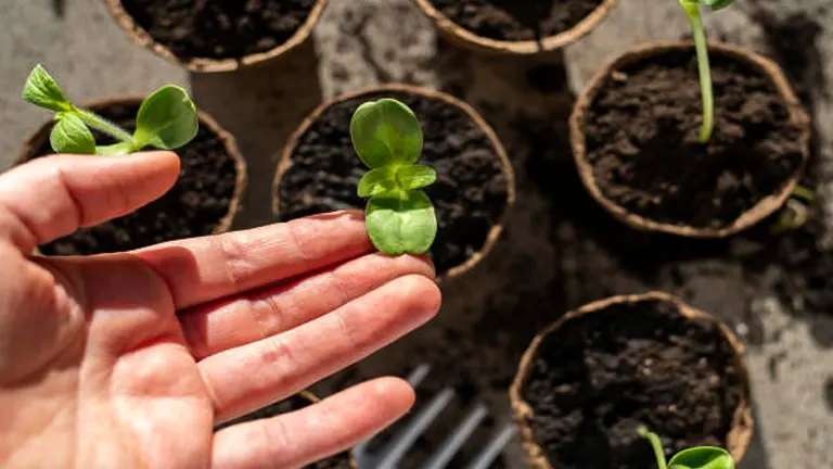 A hand holding a small, green seedling with more seedlings in peat pots in the background.