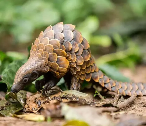 A small pangolin walking on the ground in the habitat of the Black-bellied Pangolin.