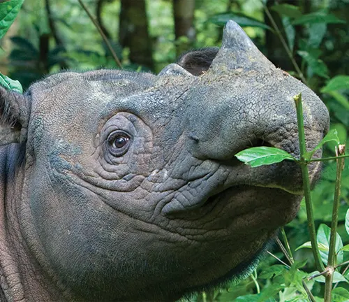 Sumatran Rhinoceros grazing on grass in a forest clearing.
