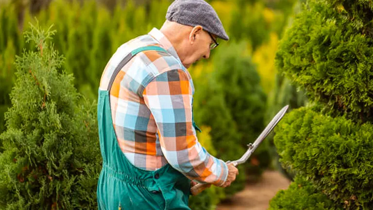 A senior man with glasses, wearing a cap, plaid shirt, and green overalls, is intently pruning a conifer shrub with gardening shears in a lush garden.