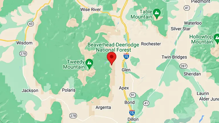 Map section showing a part of Beaverhead-Deerlodge National Forest with a red pin indicating a specific location near Interstate 15, with nearby landmarks including Tweedy Mountain and Hollowtop Mountain.